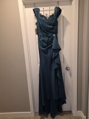 Teal Ruched Chiffon Maxi Dress with Side Ruffle and Brooch Detail